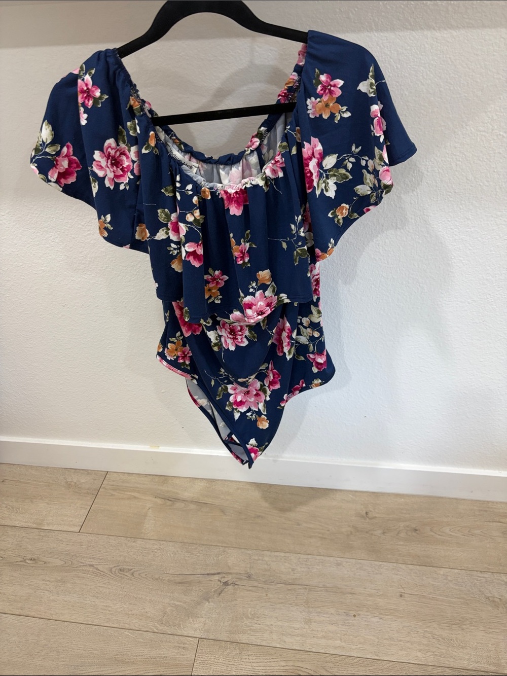 Off-Shoulder Floral Navy Bodysuit with Ruffle Overlay